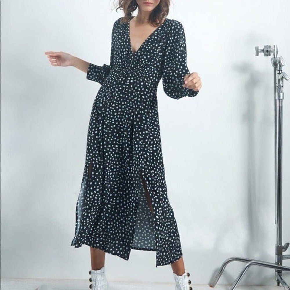 Sanctuary Niki Smocked-Waist Long-Sleeve Dot Print Midi Dress size 4 - NEW